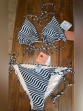 Shade & Shore Navy and White Wavy Stripe Triangle Bikini